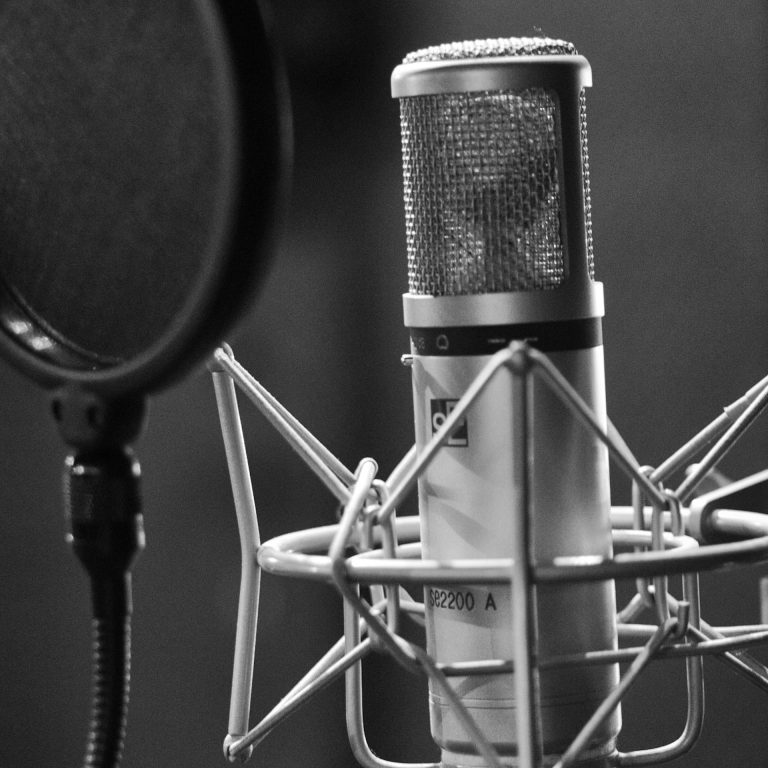 <img source='pic.gif' alt='Close up of a microphone with a pop filter in a recording studio.' />.